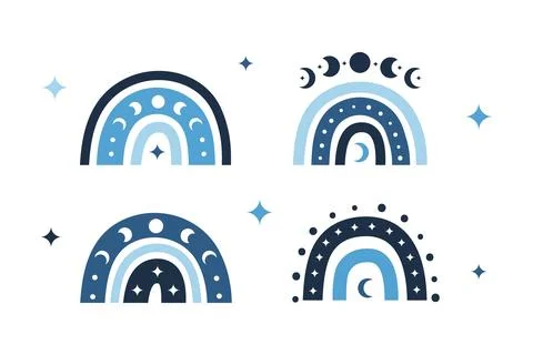 Celestial boho rainbows with moon phases, dots, crescents. Stock Illustration