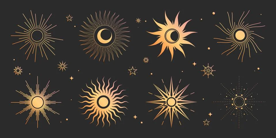 Celestial boho set with gold sun designs Stock Illustration