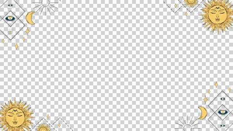 Celestial border is showcasing sun faces, moons, stars and eye motifs on Stock Illustration