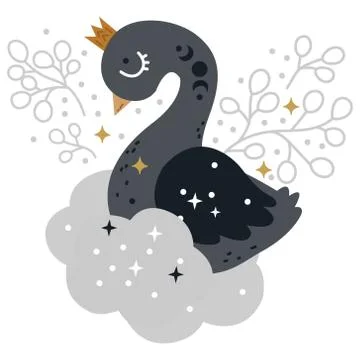 Celestial card with swan and cloud Stock Illustration