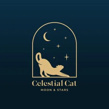 Celestial cat absttract vector logo template. Stratching cat silhouette on the Illustrazione stock