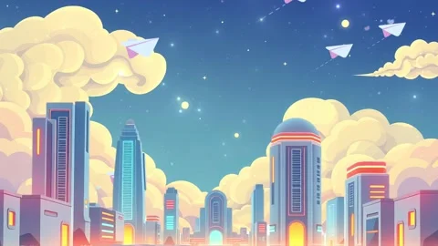 Celestial Cityscape: Floating Skyscrapers Bathed in Ethereal Hues Stock Footage 307470633