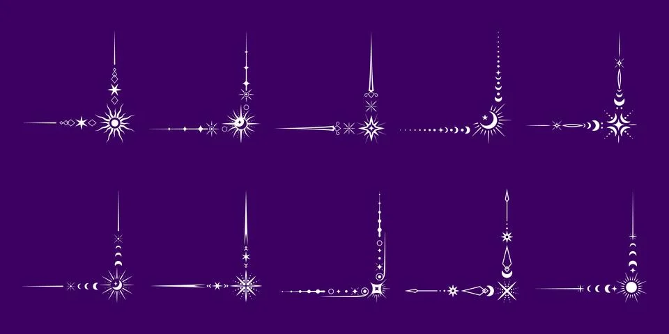 Celestial corner borders set with moon and stars Stock Illustration