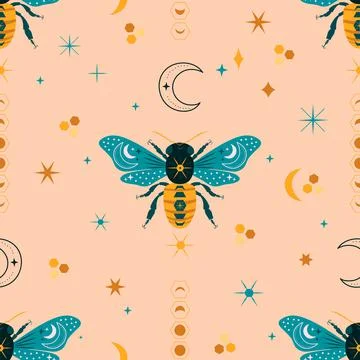 Celestial cosmic bee vector seamless pattern. Stock Illustration