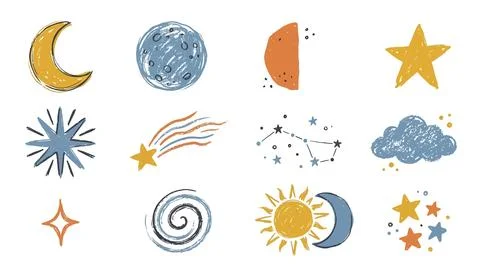 Celestial cosmic elements with moons stars shooting star constellation clou.. 库存插图