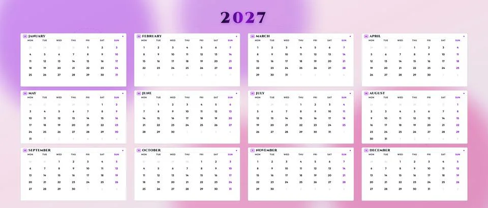 Celestial Cosmic Space 2027 Calendar UI Minimalist Modern Flat in Clean White. Stock Illustration