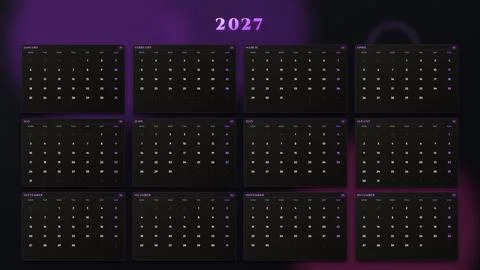 Celestial Cosmic Space 2027 Calendar UI Fintech Premium Metallic in Dark Slate. Stock Illustration