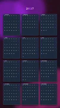Celestial Cosmic Space 2027 Calendar UI 3D Claymorphic in Cosmic Violet. Stock Illustration