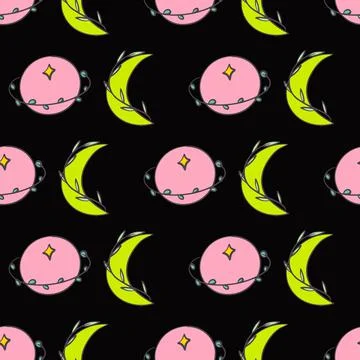 Celestial cosmos vector repeat pattern design on black background Stock Illustration