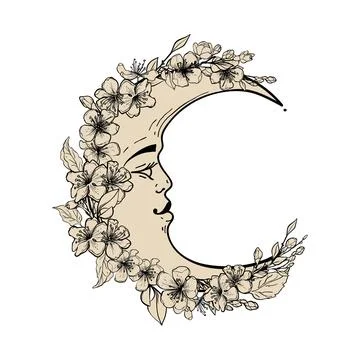 Celestial crescent moon with a face decorated with flowers, mystical logo Illustrazione stock