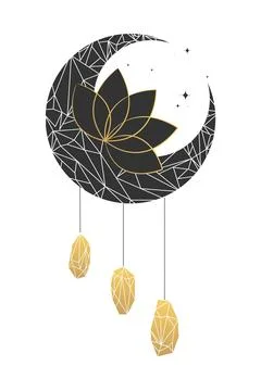 Celestial crystal crescent moon decorated with crystals and lotus flower Ilustração Stock