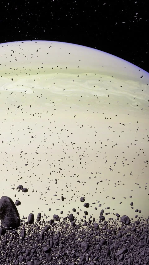 Celestial dance of asteroids in the serene void of space near a giant planet Stock Footage 331822446