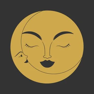 Celestial emblem with crescent and moon pair with human faces Stock Illustration