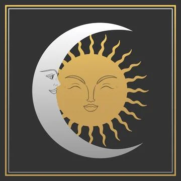 Celestial emblem of a crescent moon and sun with human face Ilustração Stock