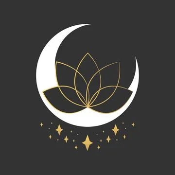 Celestial emblem with lotus flower on crescent decorated with stars Stock Illustration