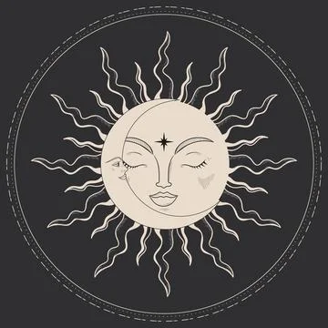 Celestial emblem with a sun and crescent. Monochrome magical vector Stock Illustration
