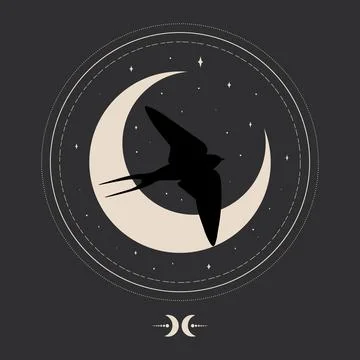 Celestial emblem with a swallow bird and crescent. Martin bird silhouette Stock Illustration