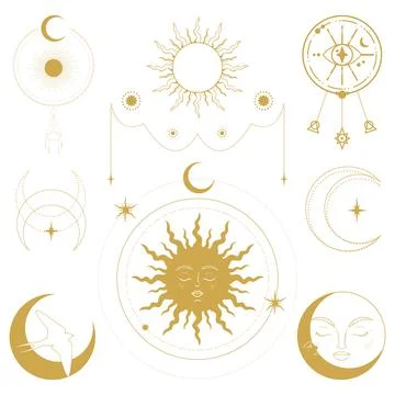 Celestial emblems with sun, crescent, bird and all seeing magical eye イラスト素材