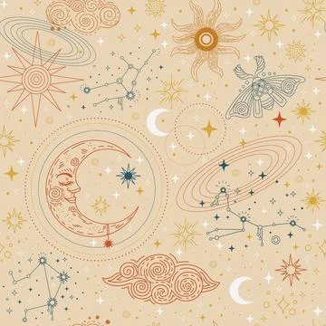Celestial esoteric seamless pattern vector illustration beige Illustrazione stock