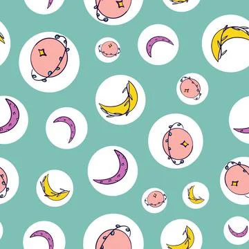 Celestial florals seamless pattern design, green background Stock Illustration