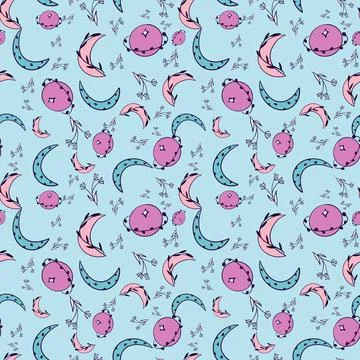 Celestial florals seamless pattern design on blue background Stock Illustration