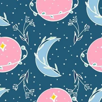 Celestial florals vector repeat pattern design on blue background Stock Illustration