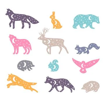 Celestial forest animals. Hand drawn silhouettes. Wild woodland animals. Un.. Stock Illustration