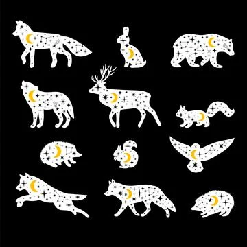 Celestial forest animals. Universe. Hand drawn silhouettes. Wild woodland a.. Stock Illustration