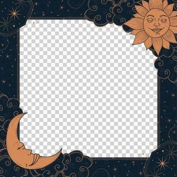 Celestial frame is showing sun moon faces in flat design on transparent Stock Illustration