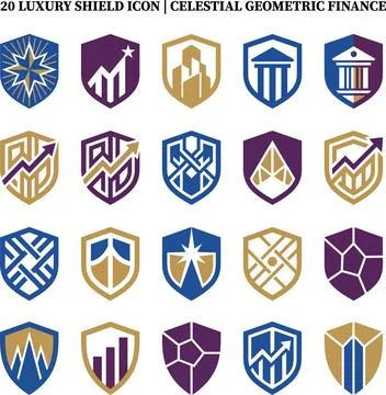 Celestial geometric finance luxury shield icon set with twenty designs Stock Illustration