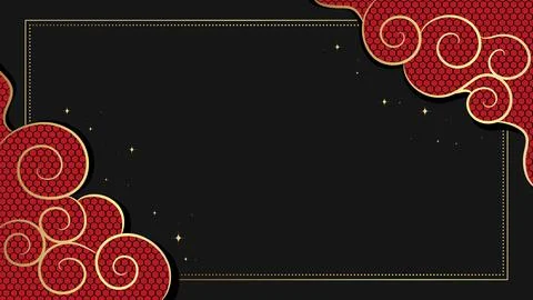Celestial golden frame with red Asian swirl clouds with geometric ornament Stock Illustration