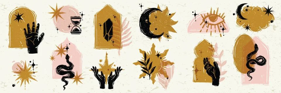 Celestial linocut print set, vector boho esoteric sign kit, magic vintage Ilustración de archivo