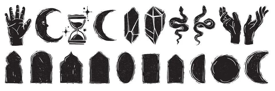 Celestial linocut print set, vector black oriental arch window Ilustración de archivo