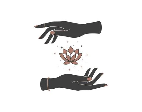 Celestial lotus flower between magic hands in trendy boho style. Black and gold Stock Illustration