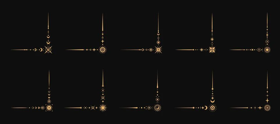 Celestial magic esoteric border corners vector set 스톡 일러스트