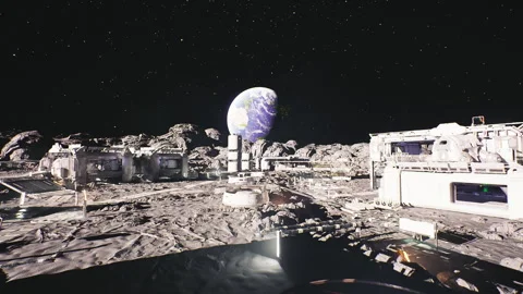 Celestial moon base with maintenance facilities for exploration vehicles Stock Footage 329762229