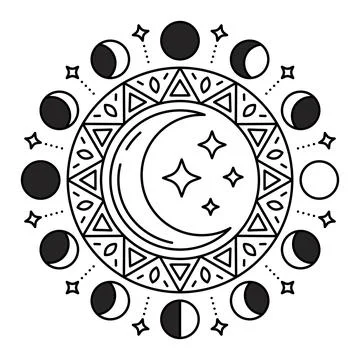 Celestial moon phases mandala with crescent and stars line art. Stock Illustration