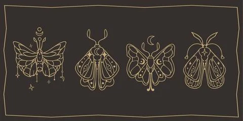 Celestial moth and butterfly set on black Stockillustratie