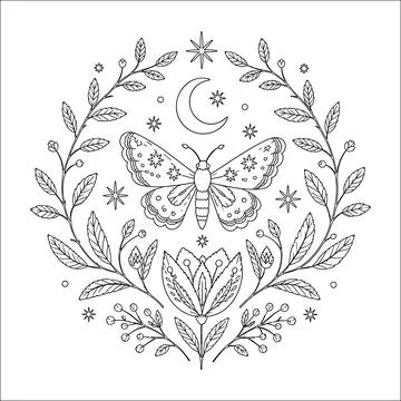 Celestial Moth Hand Embroidery Pattern, Botanical Moon Embroidery Pattern, .. Stock Illustration