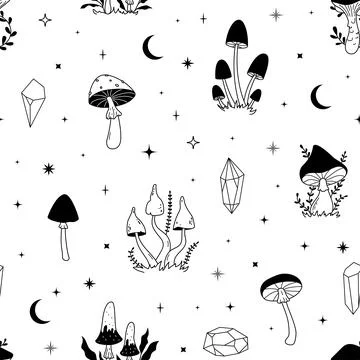Celestial mushrooms seamless pattern with stars and crystals. Hand drawn sket Stock Illustration