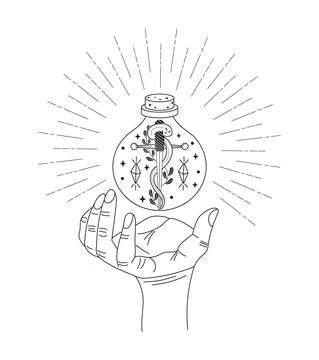 Celestial, mystery hand with potion. Esoteric, witch bottle with magic crysta Ilustração Stock