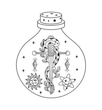 Celestial, mystery potion. Esoteric, witch bottle with magic crystals, snake  Stock-Illustration