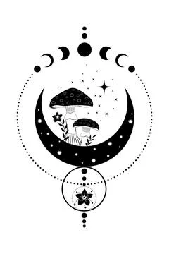 Celestial Mystical boho mushrooms, magic Amanita Muscaria with moon Stock Illustration