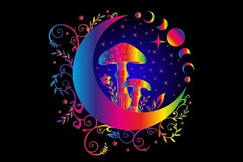 Celestial Mystical boho mushrooms, magic Amanita Muscaria with moon Stock Illustration