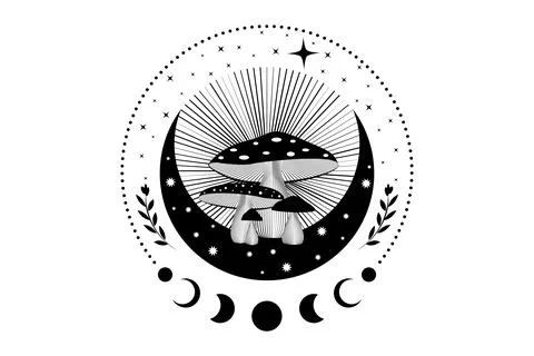 Celestial Mystical boho mushrooms, magic Amanita Muscaria with moon and stars Stock Illustration