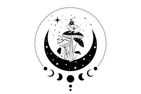 Celestial Mystical boho mushrooms, magic Amanita Muscaria with moon and stars Stock Illustration