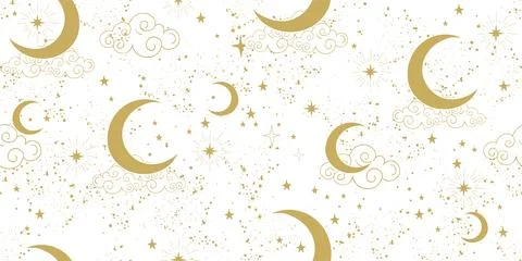 Celestial mystical moon seamless pattern, golden stars and crescent on white  Stock Illustration