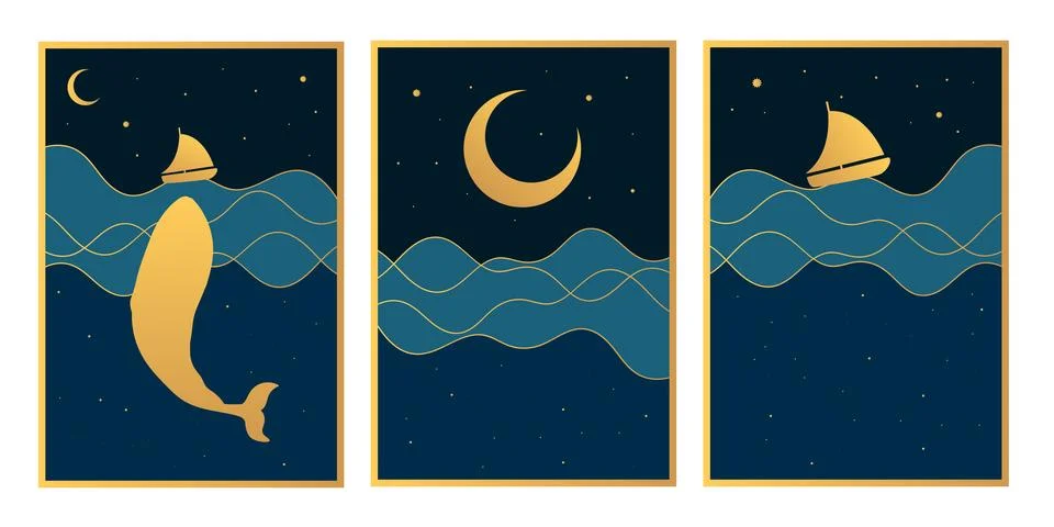 Celestial night ocean set. Posters with night sky and ocean view Stock Illustration