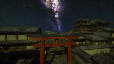 Celestial night reveals glowing lanterns and mysterious shadows in temple Stock Footage 329943871