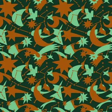 Celestial Night Sky Pattern with Stars, Moons, and Comets. Stock Illustration